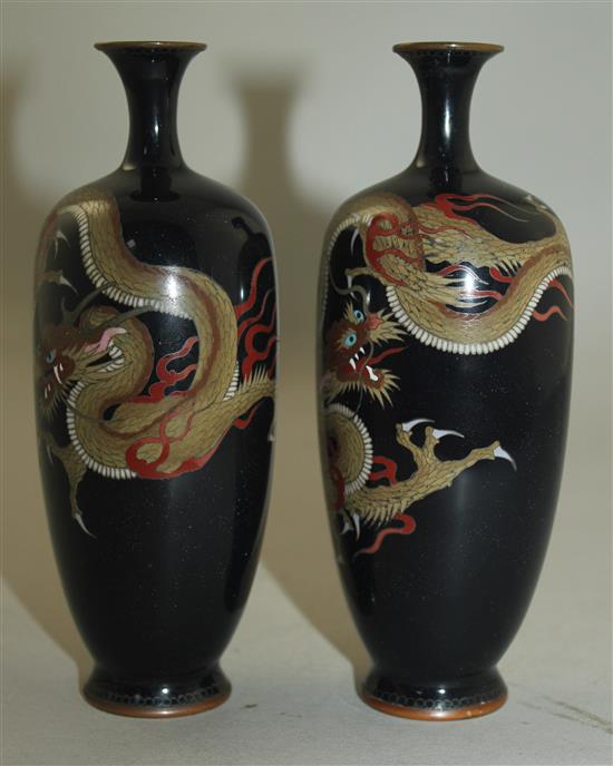 A pair of Japanese silver wire cloisonne enamel dragon vases, Meiji period, 15.5cm